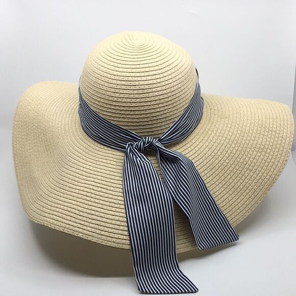 Jones New York floppy straw sun hat with blue and white twilly ribbon OSFA - Picture 1 of 14